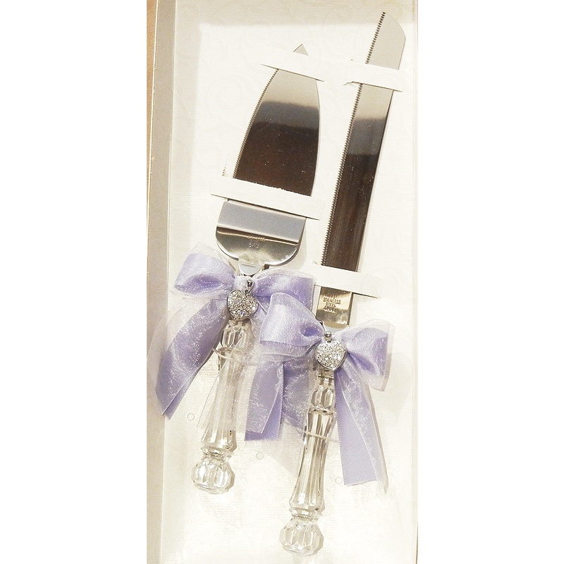 Wedding Knife Server Set with heart pendant and Iris ribbon